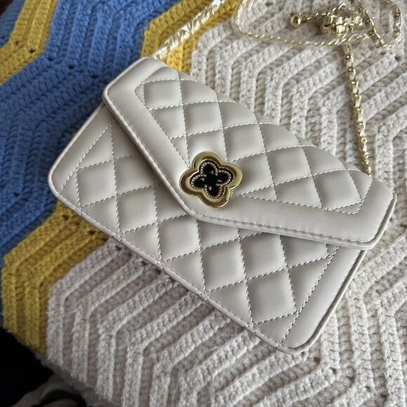 Neiman Marcus Clover White and Gold Quilted Leather Crossbody Bag - Picture 1 of 6